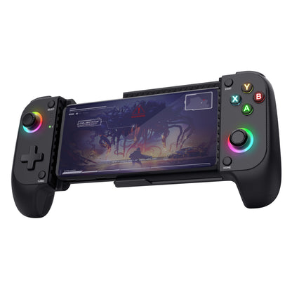 Trust GXT 735 Mylox trådløs mobil håndkontrol sort, smartphone i midten, oplyste knapper og joysticks på siderne.