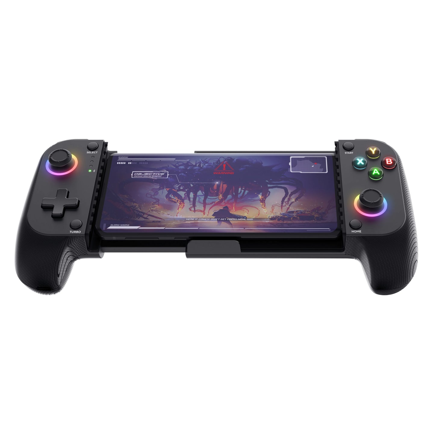 Trust GXT 735 Mylox trådløs mobil håndkontrol med smartphone-holder, dobbelte joysticks, D-pad og regnbue LED-lys.