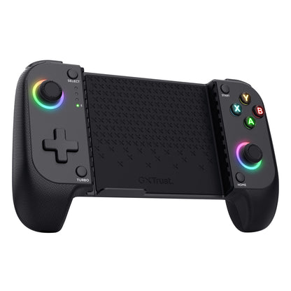 Trust GXT 735 Mylox trådløs sort mobil håndkontrol med centreret telefonholder, LED-belyste sticks og ABXY/Start-knapper.
