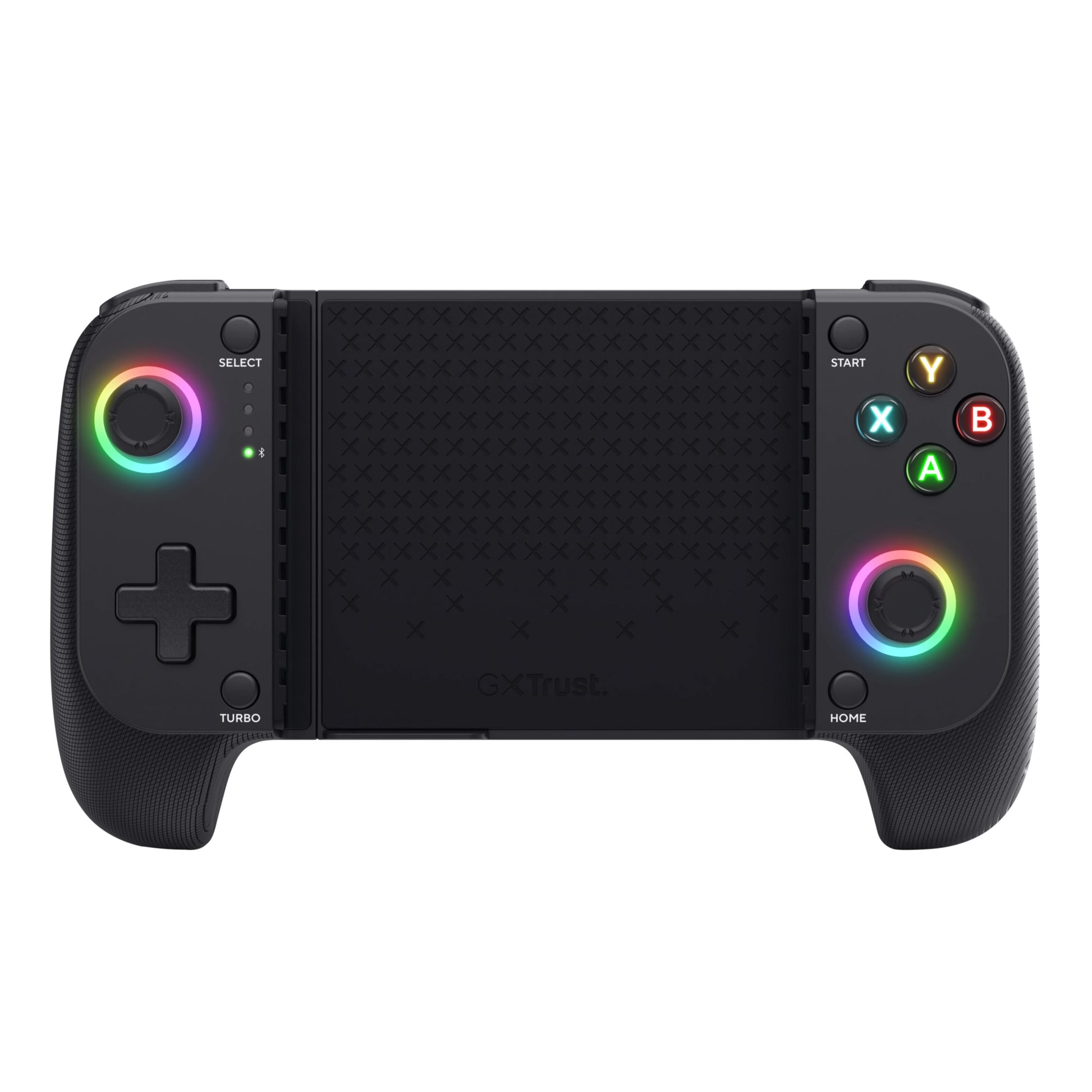 Trust GXT 735 Mylox trådløs mobil håndkontrol med to greb, LED-joystick-ringe, venstre D-pad og højre A/B/X/Y-knapper.
