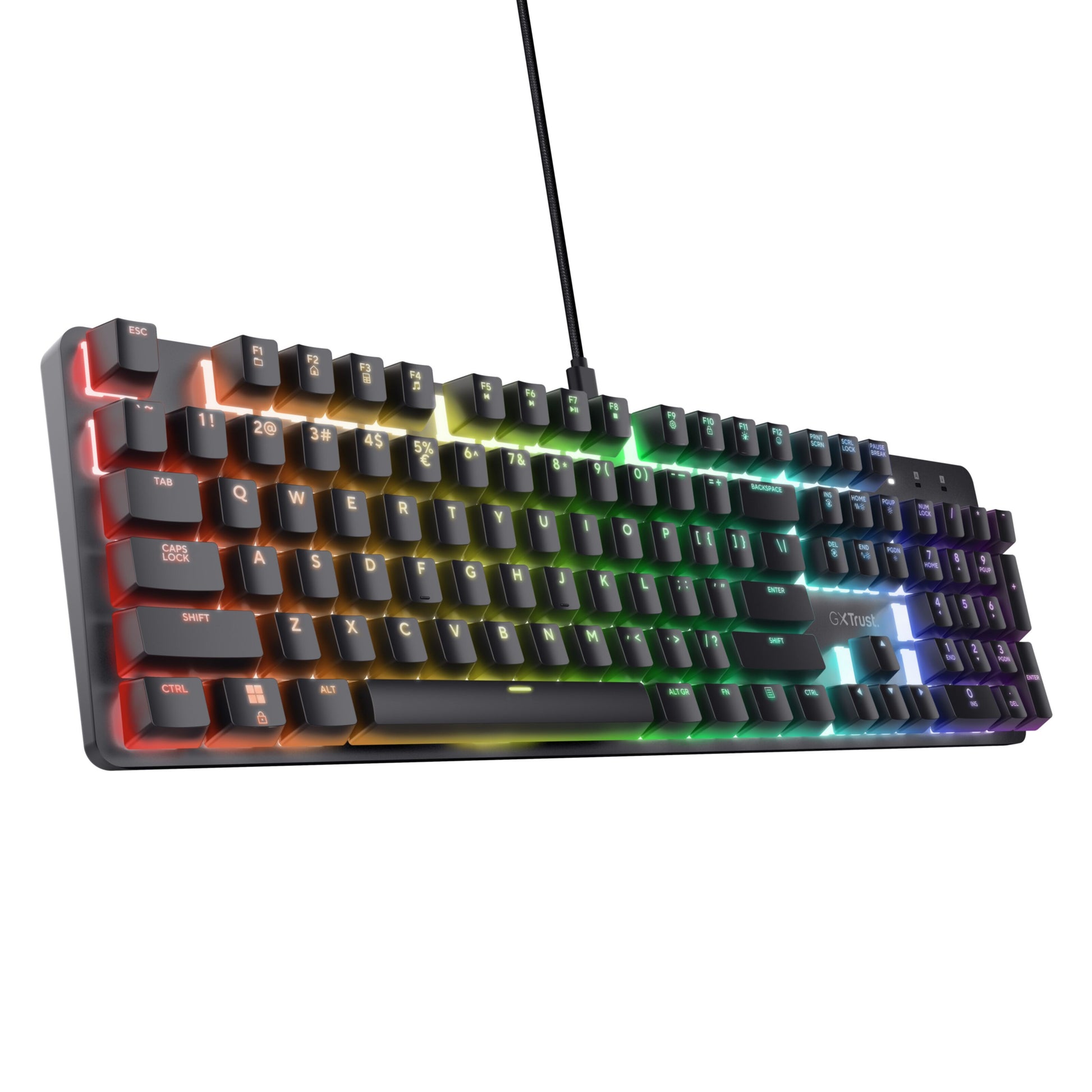 Trust GXT 871 Zora mekanisk gamingtastatur med Huano-switches og RGB-lys på sorte kablede taster i let vinkel.