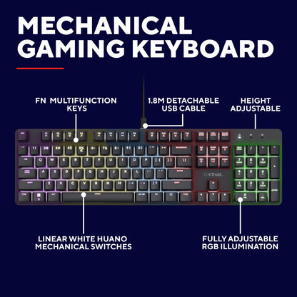 Trust GXT 871 Zora mekanisk gamingtastatur med lineære Huano-kontakter, RGB-lys, FN-taster, aftageligt USB-kabel, højdejustering.