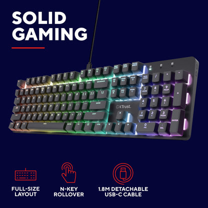 Trust GXT 871 Zora mekanisk gamingtastatur med RGB-belysning, Huano-switches, fuld størrelse, N-key rollover, USB-C kabel.