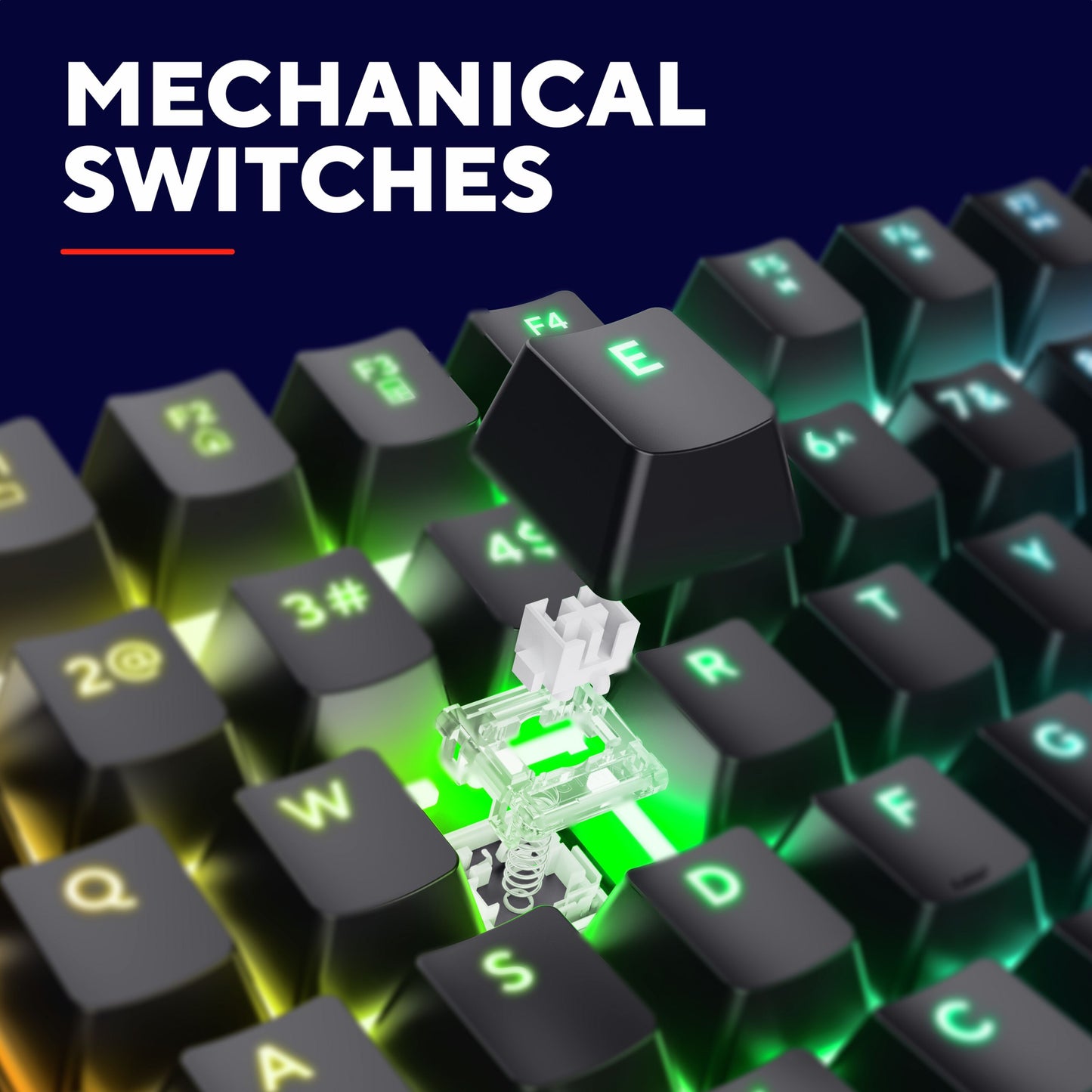 Trust GXT 871 Zora Mekanisk Gamingtastatur med fjernet E-tast, grøn/gul RGB-lys og "MECHANICAL SWITCHES" øverst.