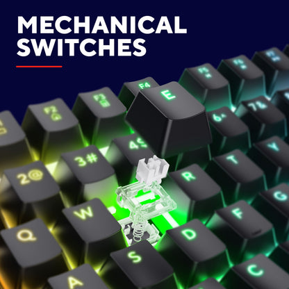 Trust GXT 871 Zora Mekanisk Gamingtastatur med fjernet E-tast, grøn/gul RGB-lys og "MECHANICAL SWITCHES" øverst.