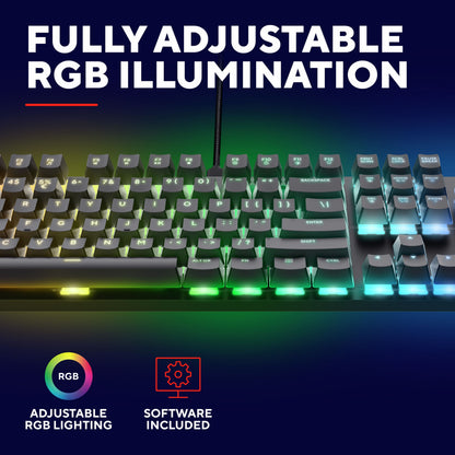 Trust GXT 871 Zora mekanisk gamingtastatur med justerbar RGB-belysning, Huano-kontakter og tilpasningssoftware.