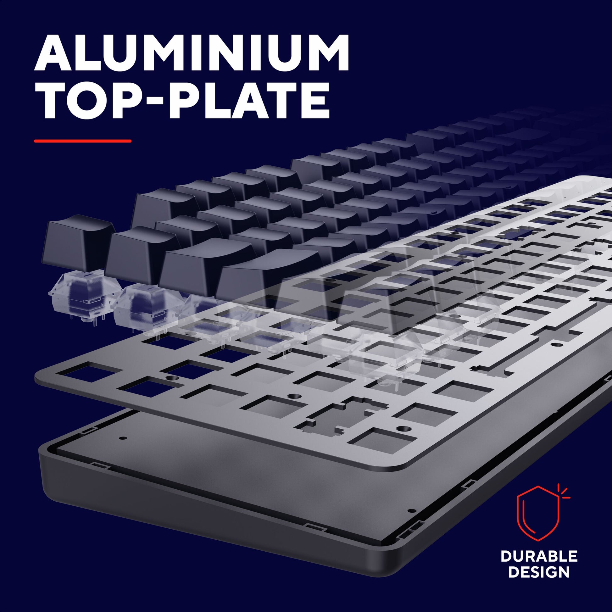 Trust GXT 871 Zora Mekanisk Gamingtastatur med keycaps, switches, aluminium top-plade og RGB-belysning i eksplosionstegning.