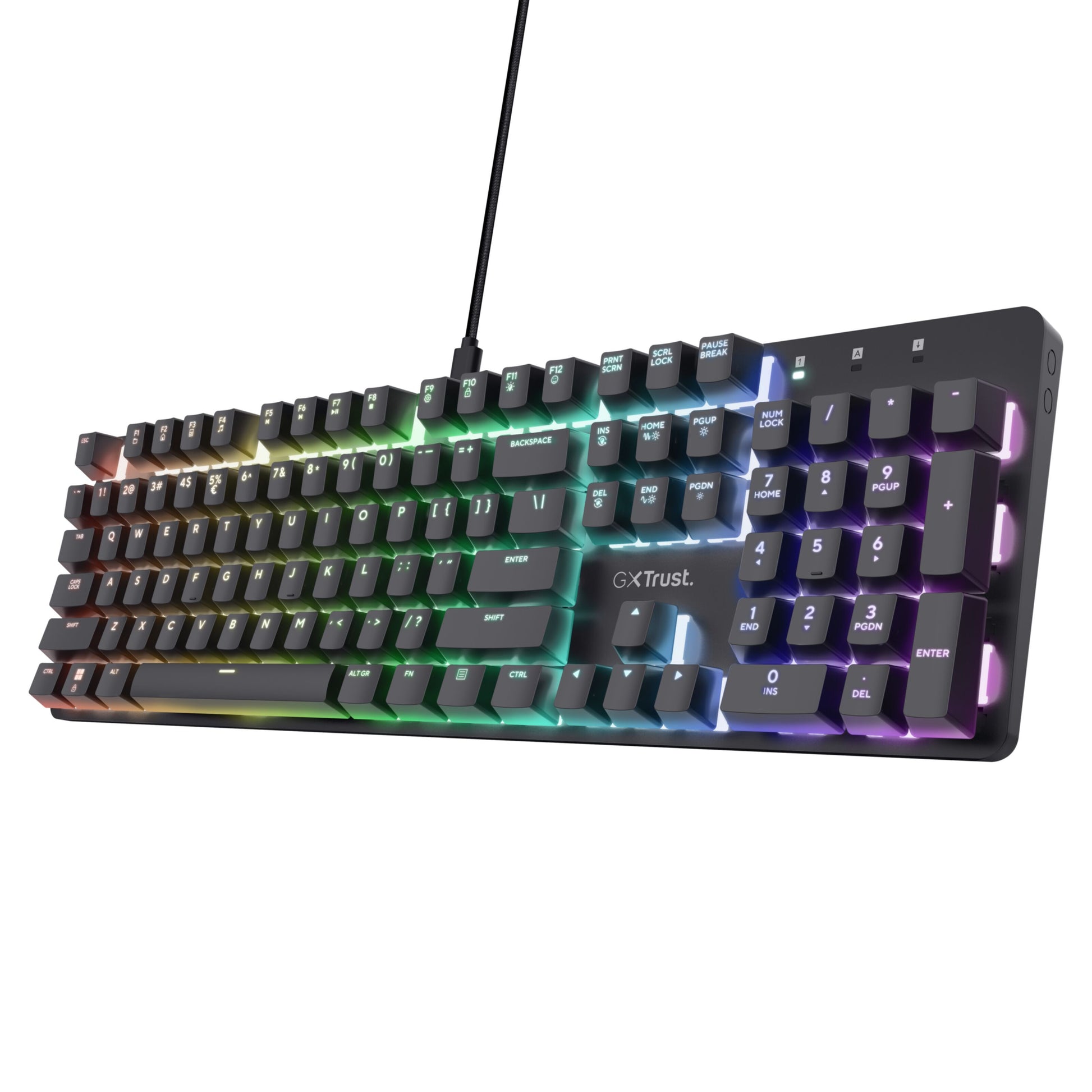 Trust GXT 871 Zora mekanisk gamingtastatur med RGB-belysning, Huano-switches, numerisk tastatur og "GXT Trust" over piletaster.