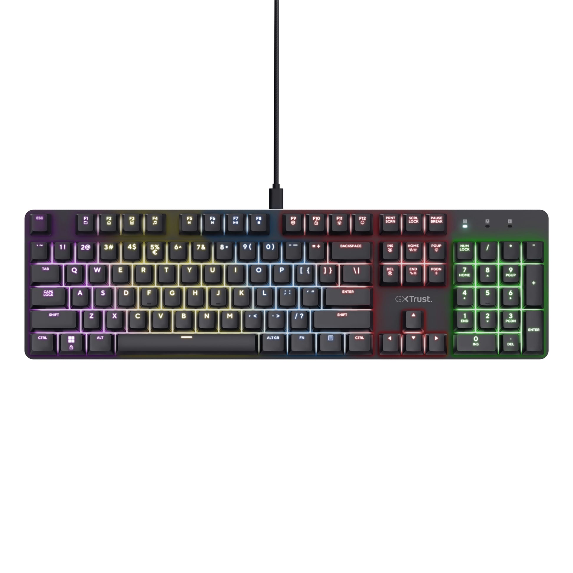 Trust GXT 871 Zora mekanisk gamingtastatur med Huano-kontakter, RGB-gradientlys og GX Trust-logo på højre side.