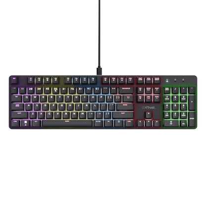Trust GXT 871 Zora mekanisk gamingtastatur med Huano-kontakter, RGB-gradientlys og GX Trust-logo på højre side.