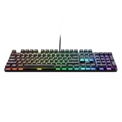 Trust GXT 871 Zora mekanisk gamingtastatur med RGB-belysning under taster og Huano-switches.