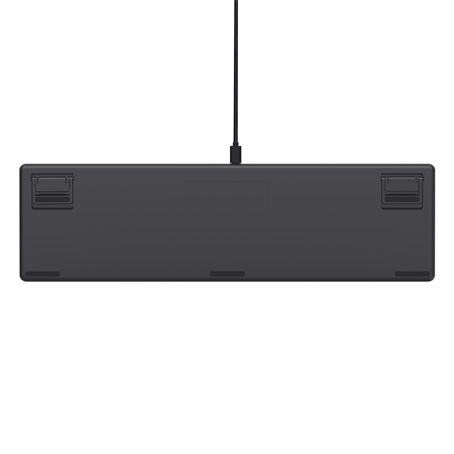 Trust GXT 871 Zora sort mekanisk gamingtastatur set bagfra med kabel fra toppen og til justerbare fødder ved øverste hjørner.