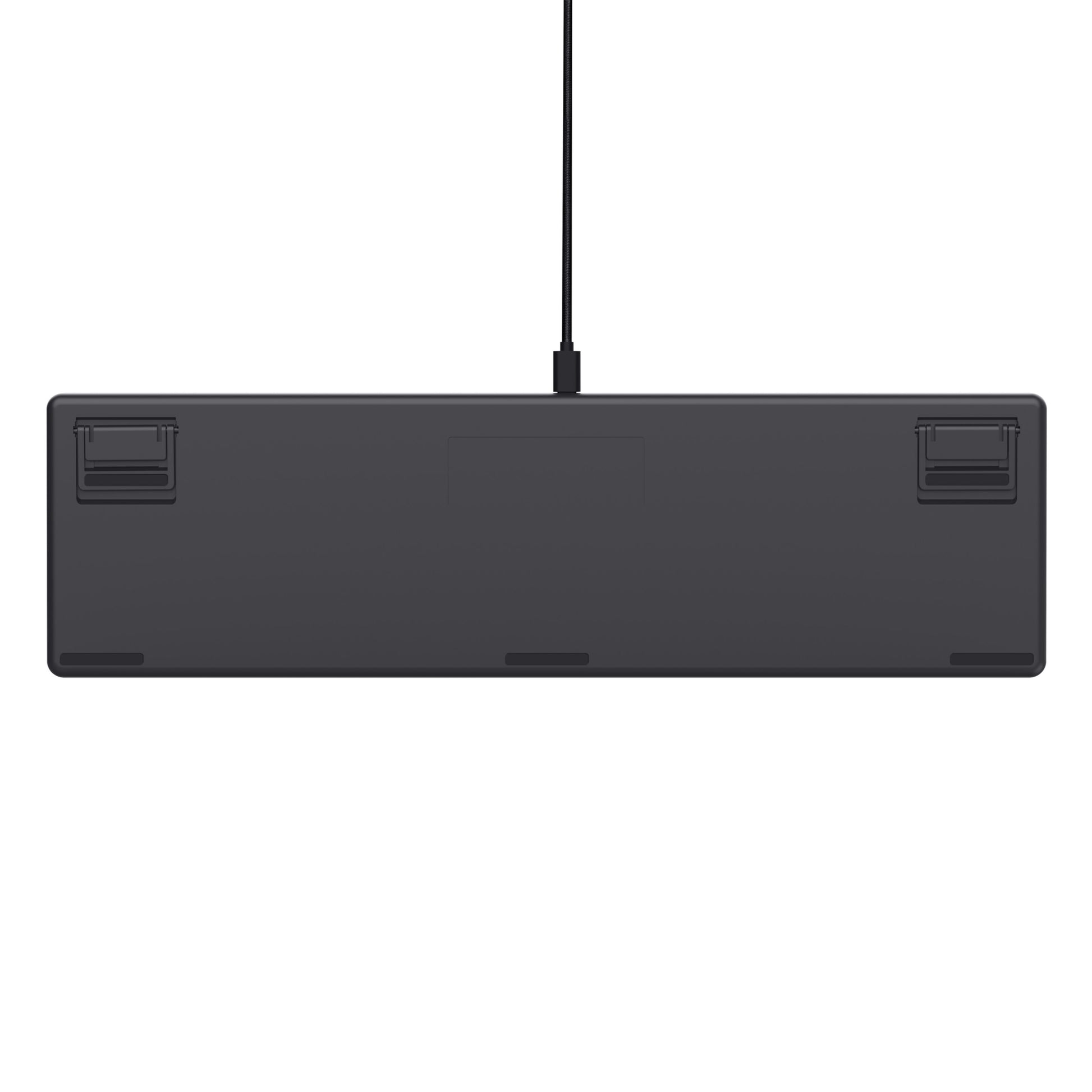 Trust GXT 871 Zora sort mekanisk gamingtastatur set bagfra med kabel fra toppen og til justerbare fødder ved øverste hjørner.