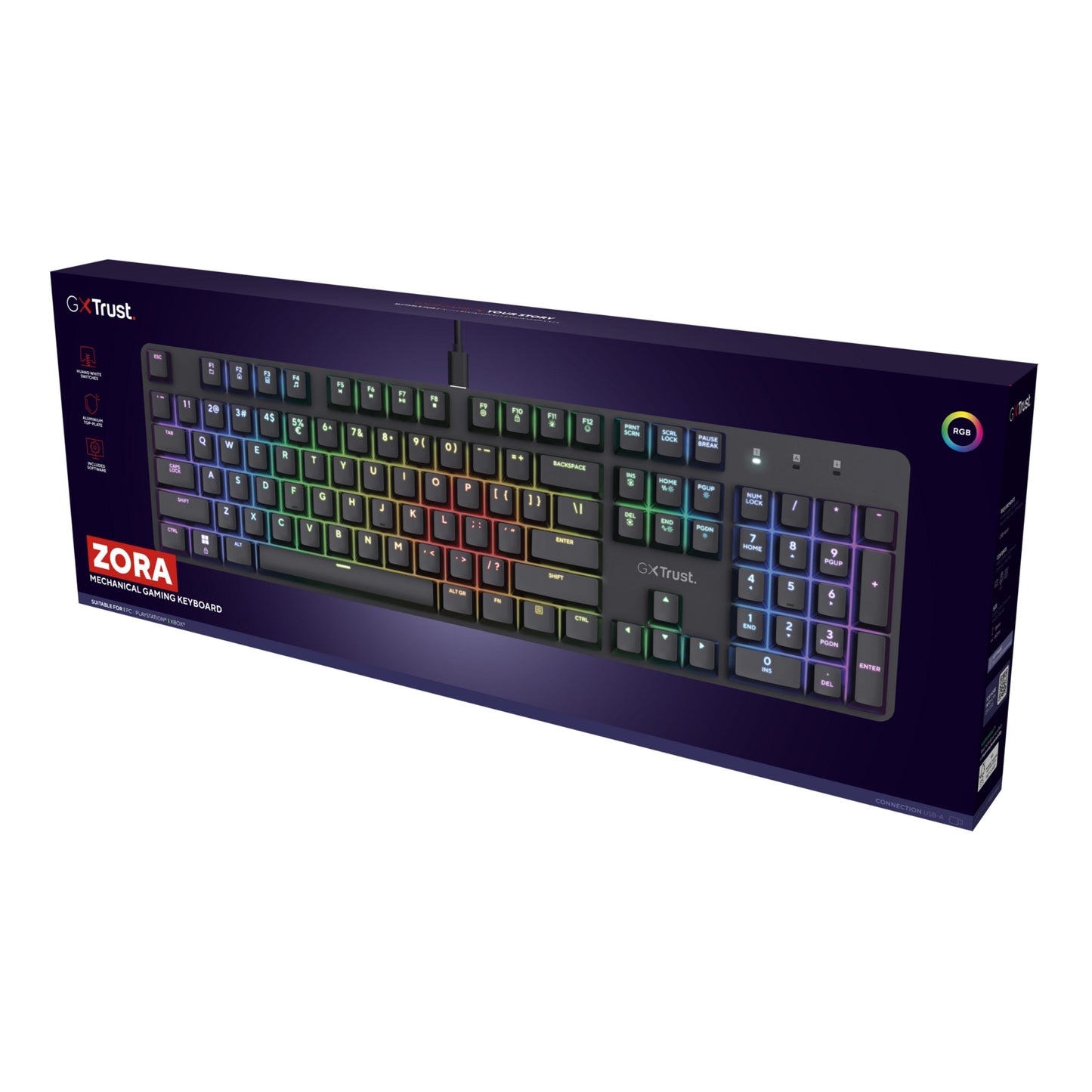Trust GXT 871 Zora mekanisk gamingtastatur i æske med tastaturet vist og Trust-logo på mørk baggrund.