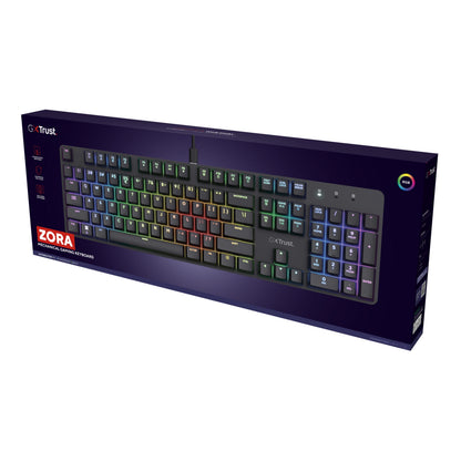 Trust GXT 871 Zora mekanisk gamingtastatur i æske med tastaturet vist og Trust-logo på mørk baggrund.