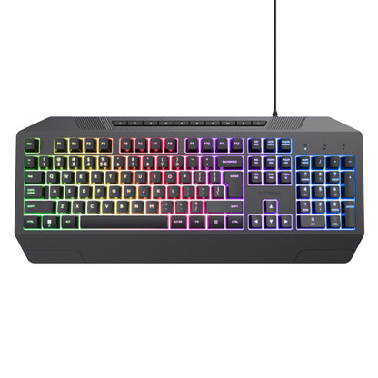 Trust GXT 836 Evocx RGB gamingtastatur sorteret med regnbue-RGB, numerisk tastatur, anti-ghosting og medietaster.