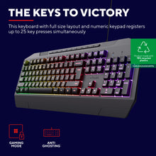 Trust GXT 836 Evocx RGB gamingtastatur sort med numerisk tastatur, RGB-belysning, 25-key rollover og anti-ghosting.