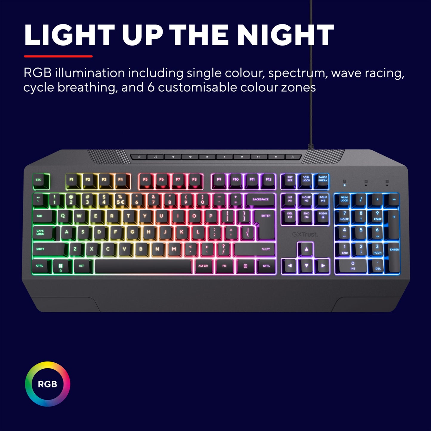 Trust GXT 836 Evocx RGB gamingtastatur med flerfarvet RGB-belysning, anti-ghosting, "LIGHT UP THE NIGHT"-tekst, RGB-logo.