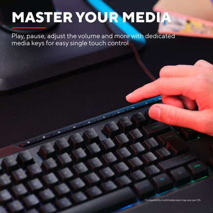 Trust GXT 836 Evocx RGB gamingtastatur med dedikerede medietaster til lydstyrke og afspilning, sort.