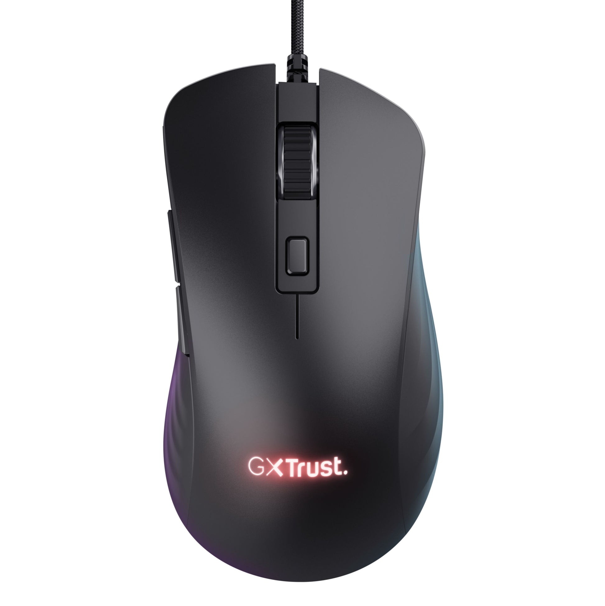 Trust GXT 924 Ybar+ gamingmus sort kablet med scrollhjul, programmerbare knapper, GX Trust-logo og PMW3389-sensor.