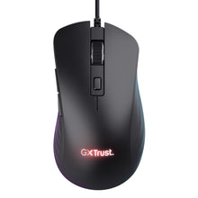 Trust GXT 924 Ybar+ gamingmus sort kablet med scrollhjul, programmerbare knapper, GX Trust-logo og PMW3389-sensor.