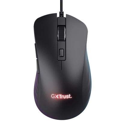 Trust GXT 924 Ybar+ gamingmus sort kablet med scrollhjul, programmerbare knapper, GX Trust-logo og PMW3389-sensor.