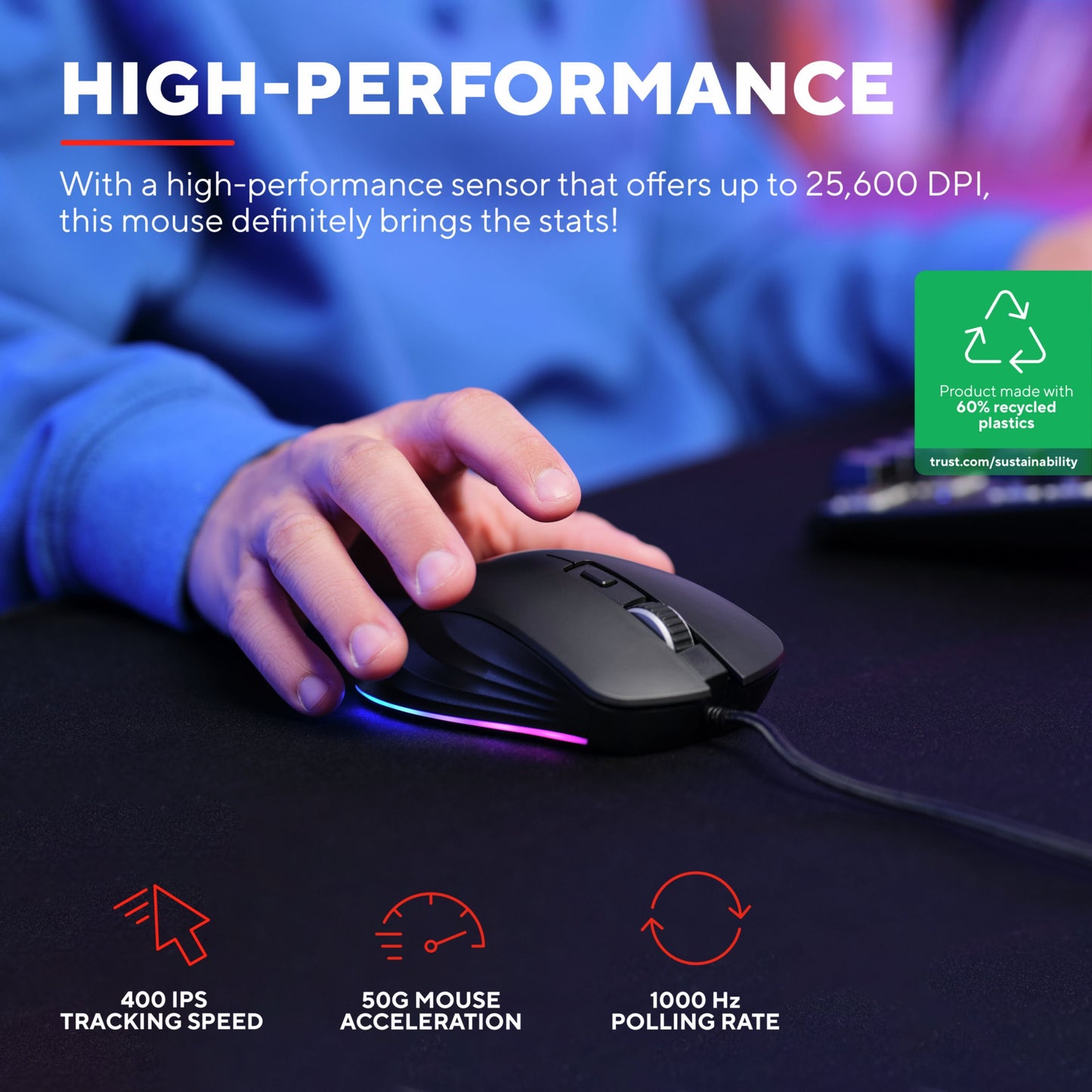 Trust GXT 924 Ybar+ gamingmus sort med PMW3389 sensor, 25.600 DPI, 400 IPS, 50g acceleration, programmerbare knapper.