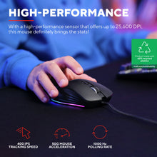 Trust GXT 924 Ybar+ gamingmus sort med PMW3389 sensor, 25.600 DPI, 400 IPS, 50g acceleration, programmerbare knapper.