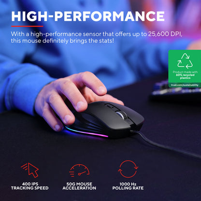 Trust GXT 924 Ybar+ gamingmus sort med PMW3389 sensor, 25.600 DPI, 400 IPS, 50g acceleration, programmerbare knapper.