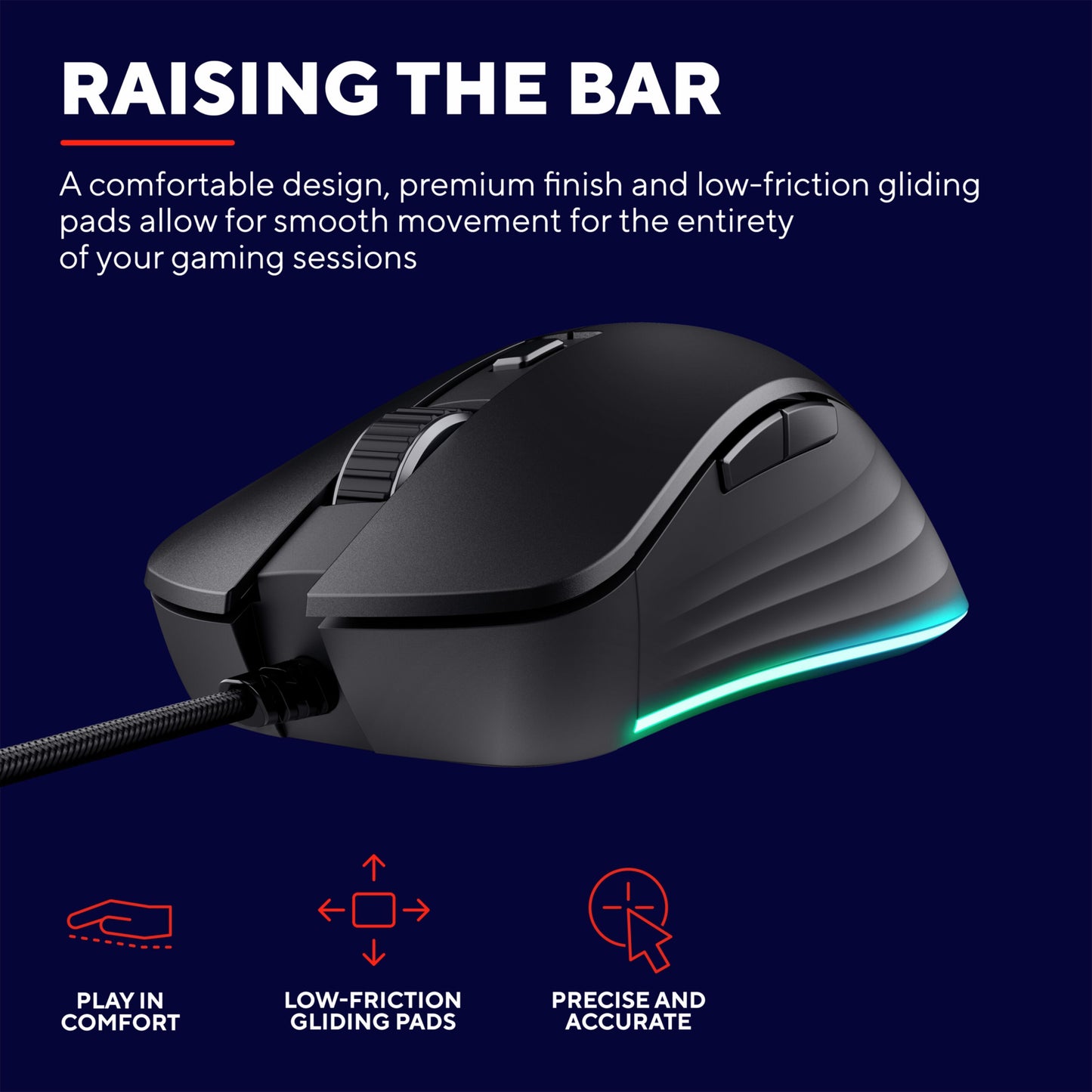 Trust GXT 924 Ybar+ gamingmus sort, oplyst base, lavfriktionspads, programmerbare knapper, PMW3389-sensor.