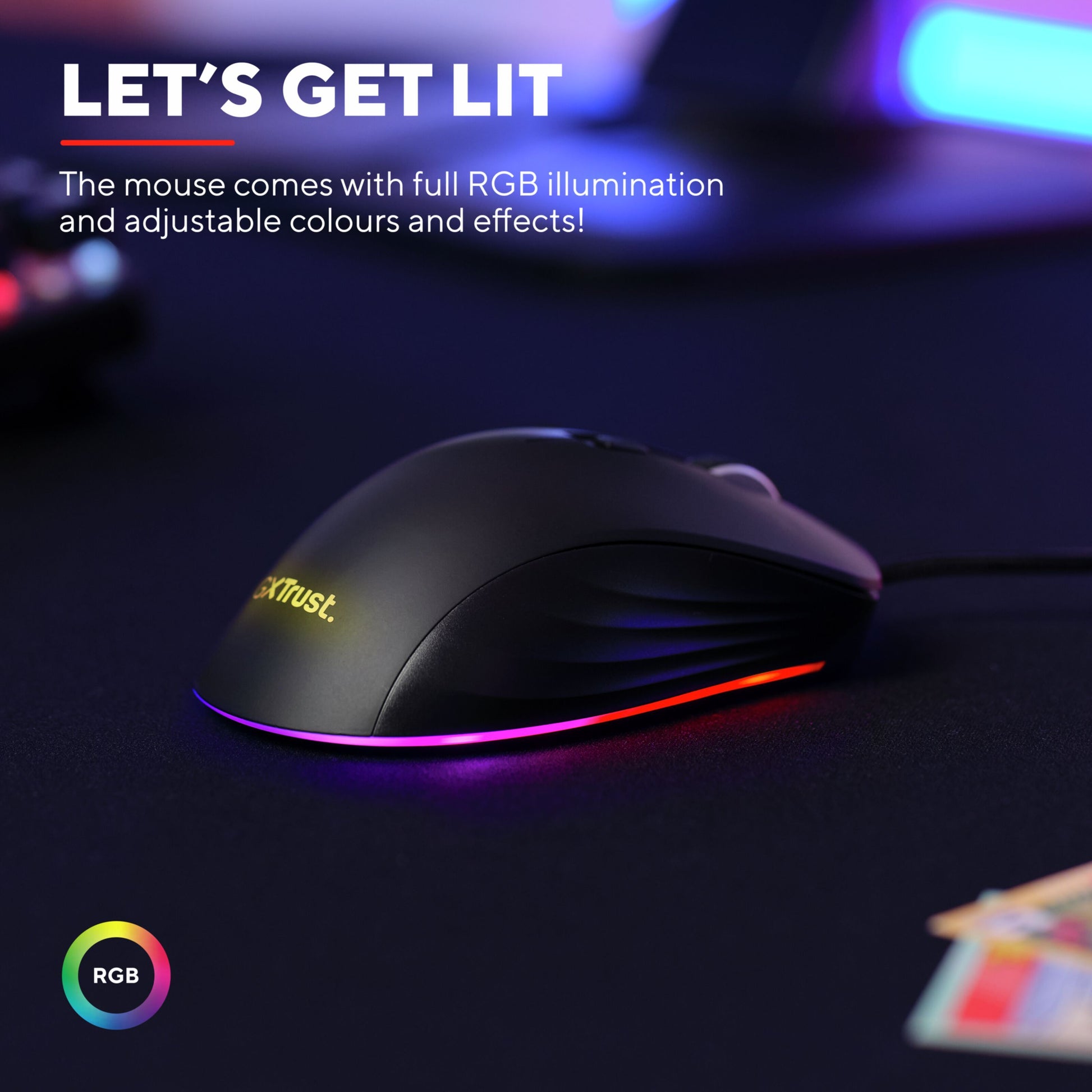 Trust GXT 924 Ybar+ gamingmus med PMW3389 sensor, programmerbare knapper, RGB-lys og teksten "LET'S GET LIT.