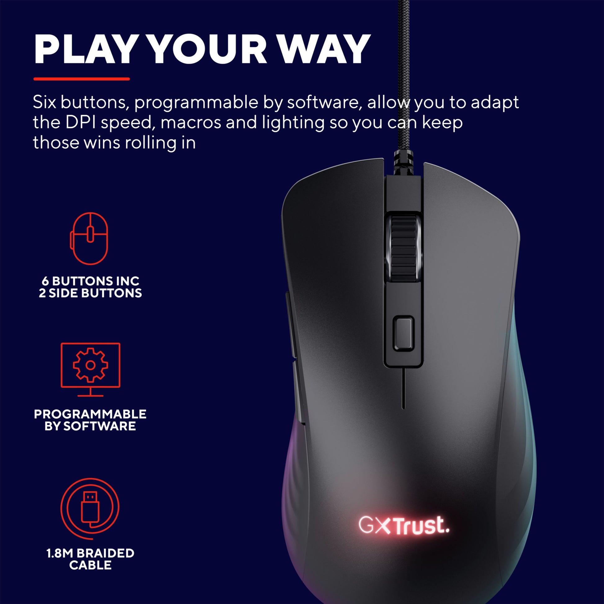 Trust GXT 924 Ybar+ gamingmus med PMW3389 sensor, 6 programmerbare knapper, RGB-lys og 1,8 m flettet kabel.