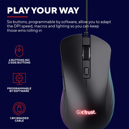 Trust GXT 924 Ybar+ gamingmus med PMW3389 sensor, 6 programmerbare knapper, RGB-lys og 1,8 m flettet kabel.