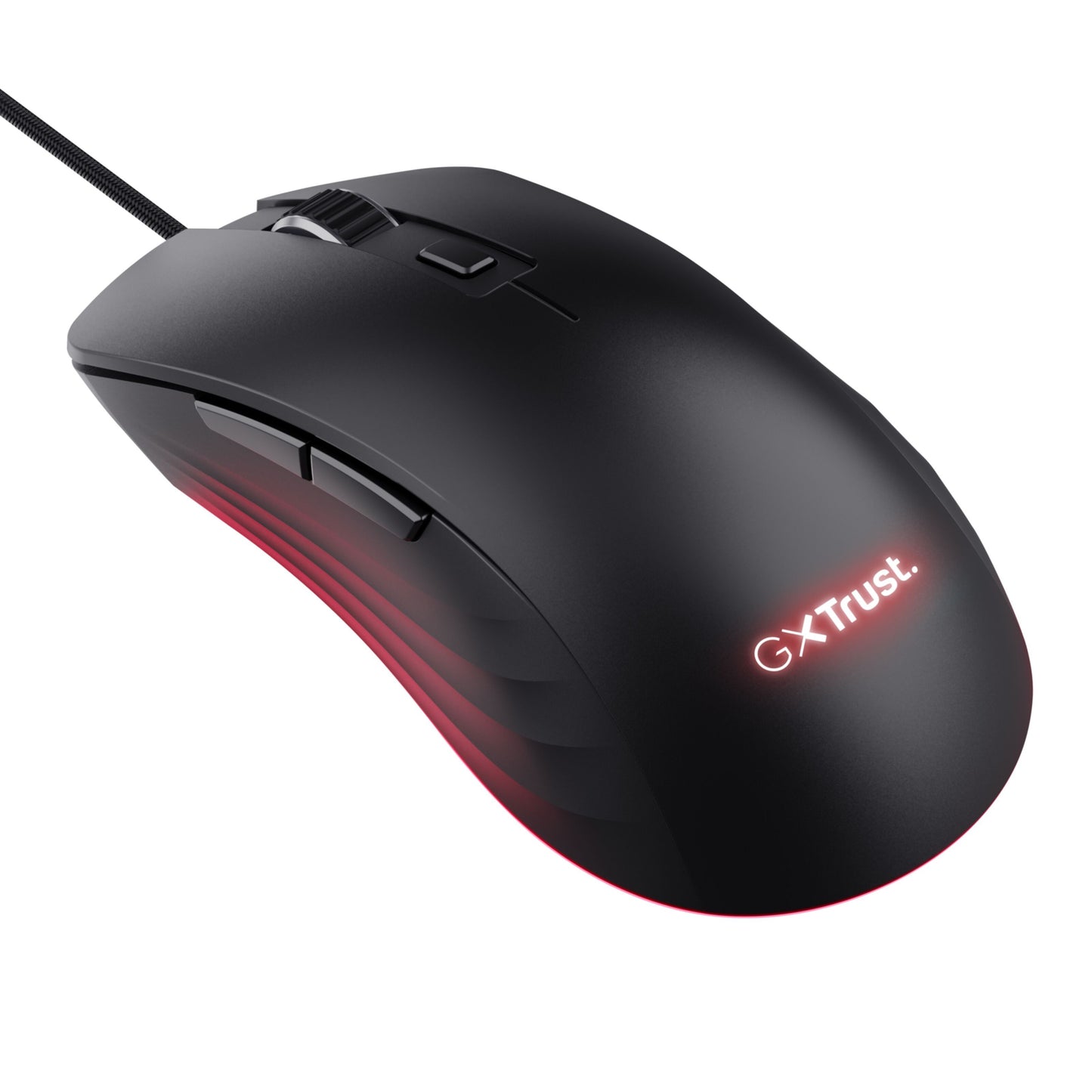 Trust GXT 924 Ybar+ gamingmus med sideknapper, scrollhjul, programmerbare knapper, PMW3389-sensor og røde lys-accenter.