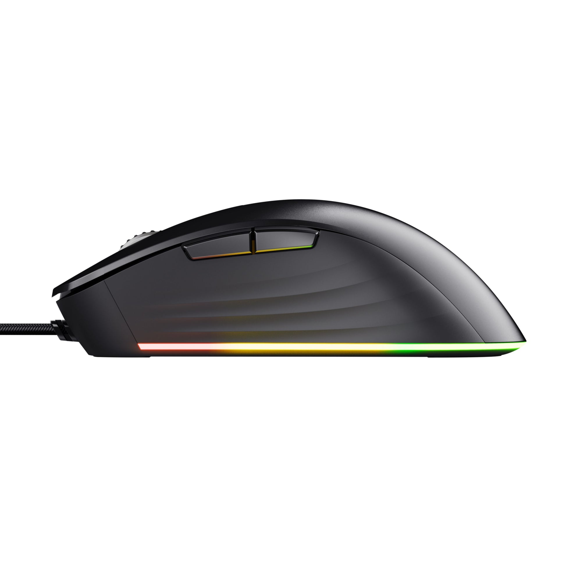 Trust GXT 924 Ybar+ gaming mus sort kablet, to sideknapper, programmerbare taster, RGB lys i bund, PMW3389 sensor set fra siden.