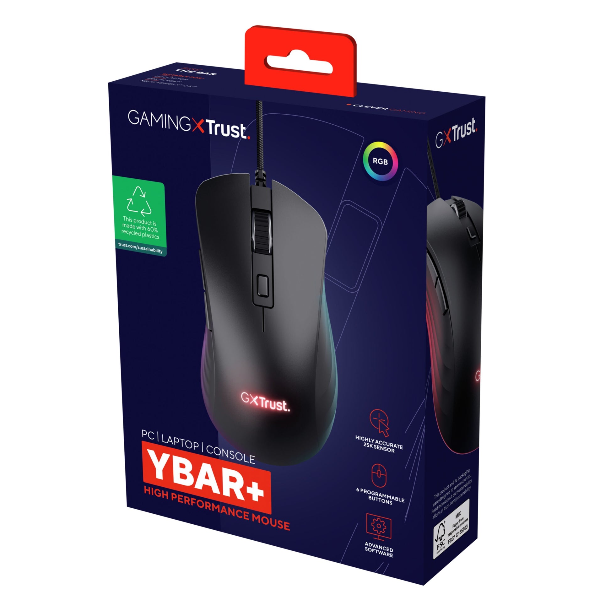 Trust GXT 924 Ybar+ sort RGB-wired gamingmus med PMW3389 sensor på æske, kompatibel med PC, laptop og konsol.