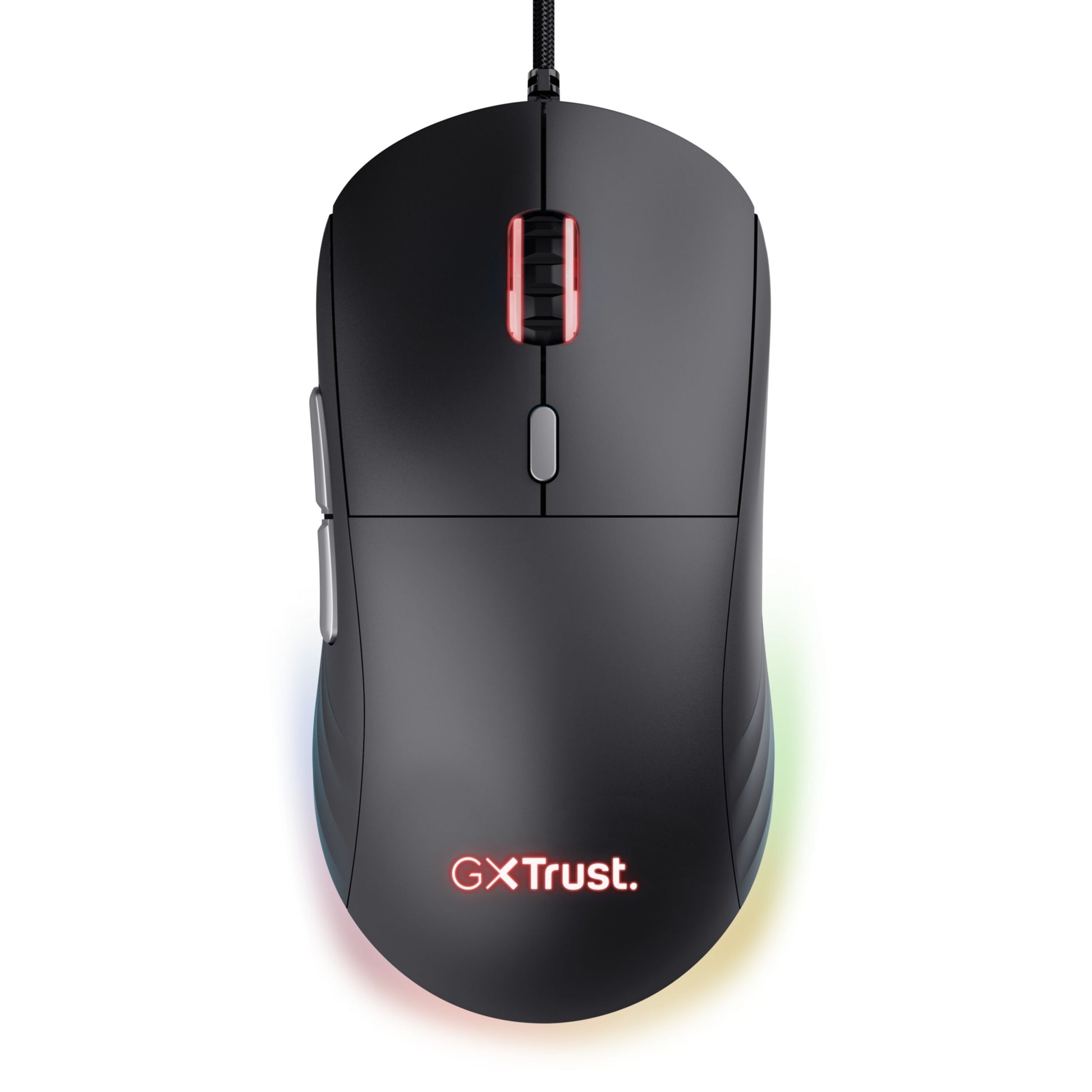 Trust GXT 925 Redex II sorterer spilmus med programmerbare knapper, rødt oplyst scrollhjul og RGB-lys ved basen.