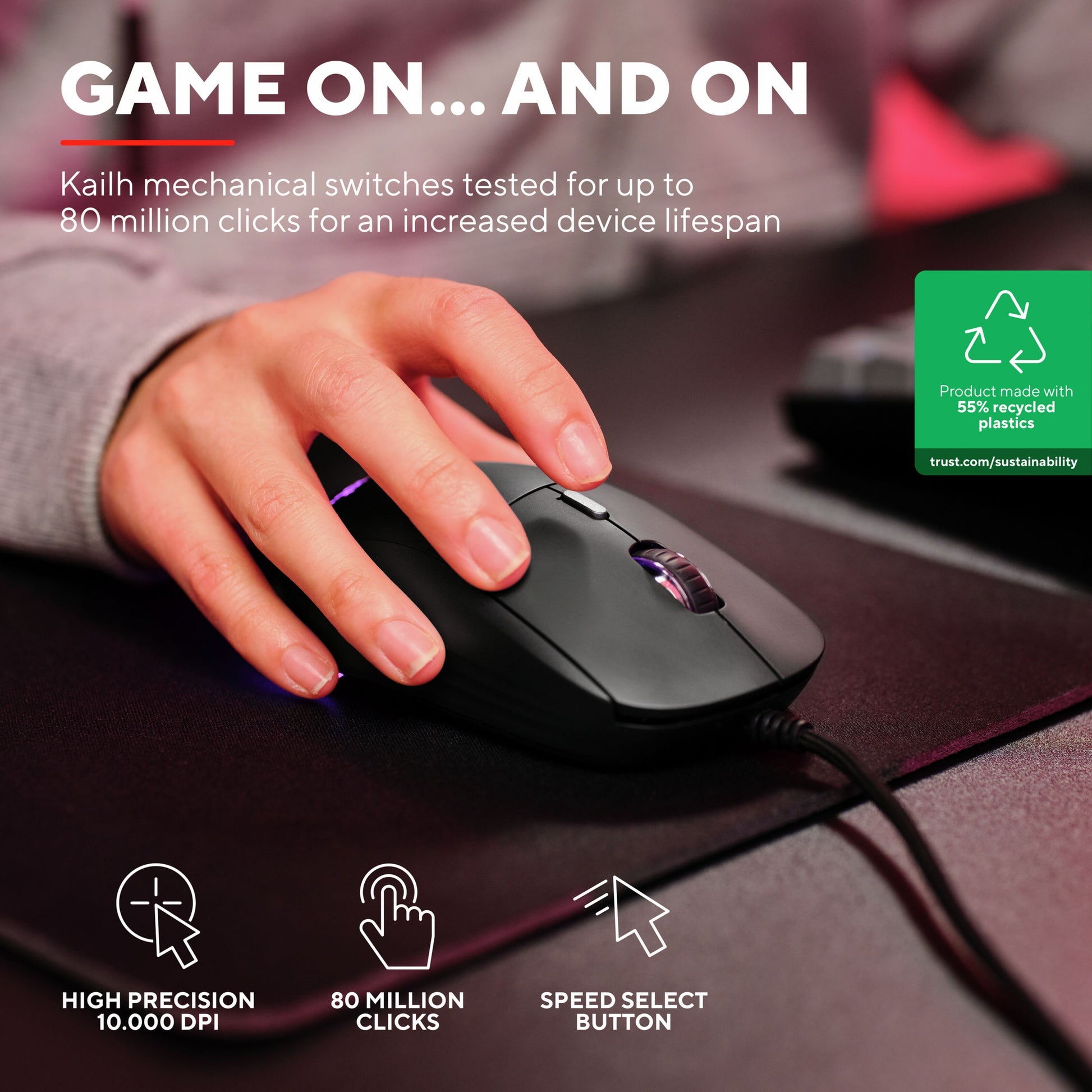 Trust GXT 925 Redex II gamingmus sort, RGB-lys, Kailh-kontakter 80 mio. klik, 10.000 DPI, programmerbare knapper.