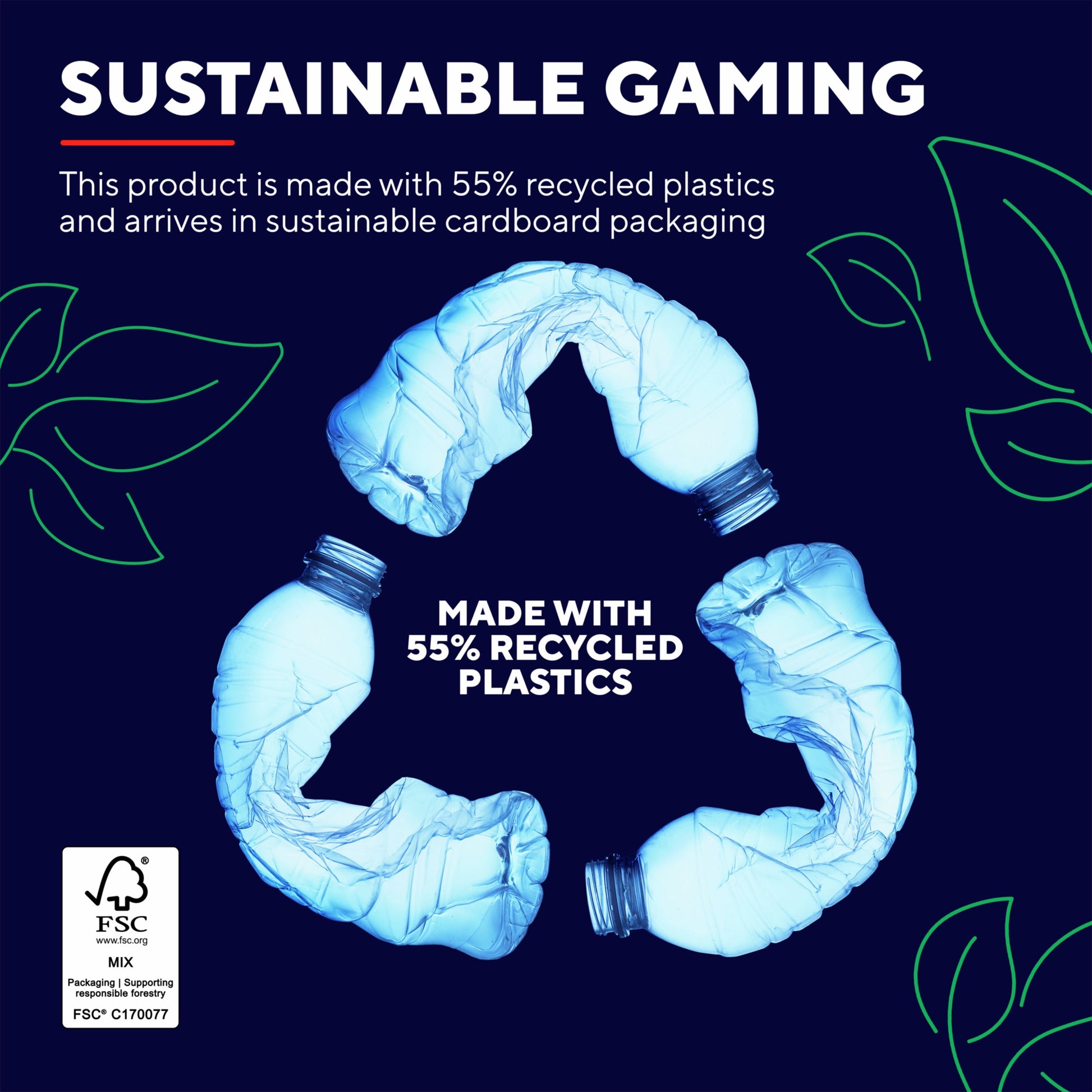 Tre knuste plastflasker danner genbrugssymbol med tekst "Sustainable Gaming: Lavet af 55 genbrugsplast", FSC-logo.