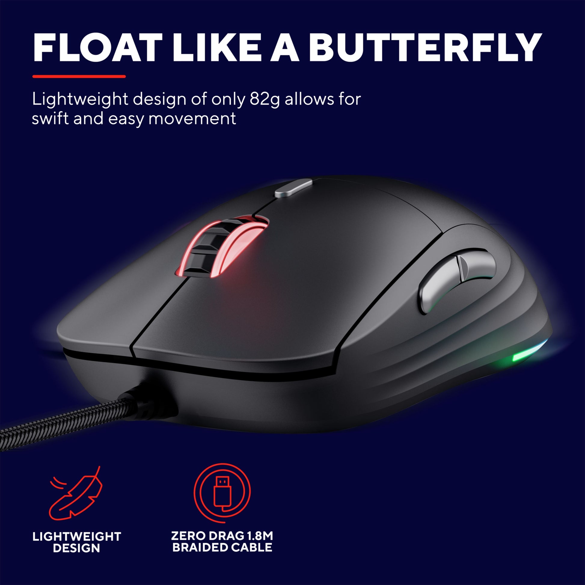 Trust GXT 925 Redex II gamingmus sort med pink scrollhjul og sideknapper, vægt 82g, programmerbare knapper, 1,8m flettet kabel, RGB.