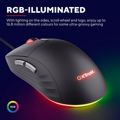 Trust GXT 925 Redex II gamingmus med RGB-belysning på sider, scrollhjul og logo samt programmerbare knapper.