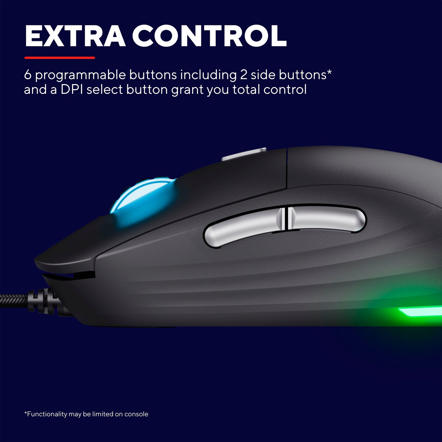 Trust GXT 925 Redex II gamingmus sort med RGB-lys, blå scrollhjul, grøn accent, to sideknapper og seks knapper.