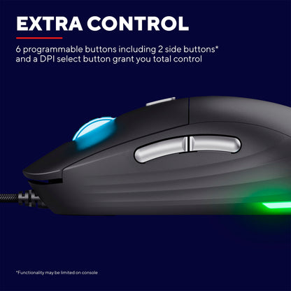 Trust GXT 925 Redex II gamingmus sort med RGB-lys, blå scrollhjul, grøn accent, to sideknapper og seks knapper.