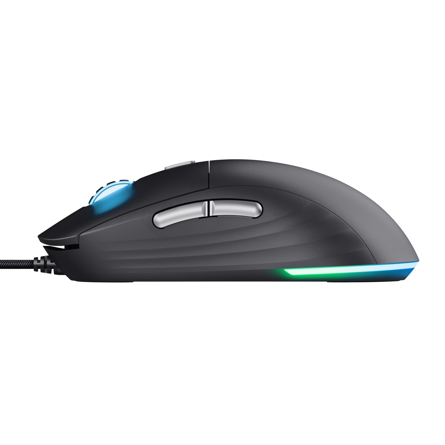 Trust GXT 925 Redex II gamingmus sort, programmerbare knapper, blåt scrollhjul, RGB-lys side og bagside, sideprofil.