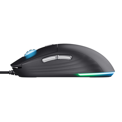 Trust GXT 925 Redex II gamingmus sort, programmerbare knapper, blåt scrollhjul, RGB-lys side og bagside, sideprofil.