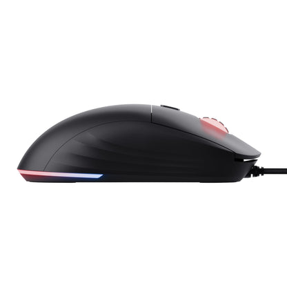 Trust GXT 925 Redex II gamingmus sort med RGB-lys på scrollhjul og sider, programmerbare knapper, sideprofil.