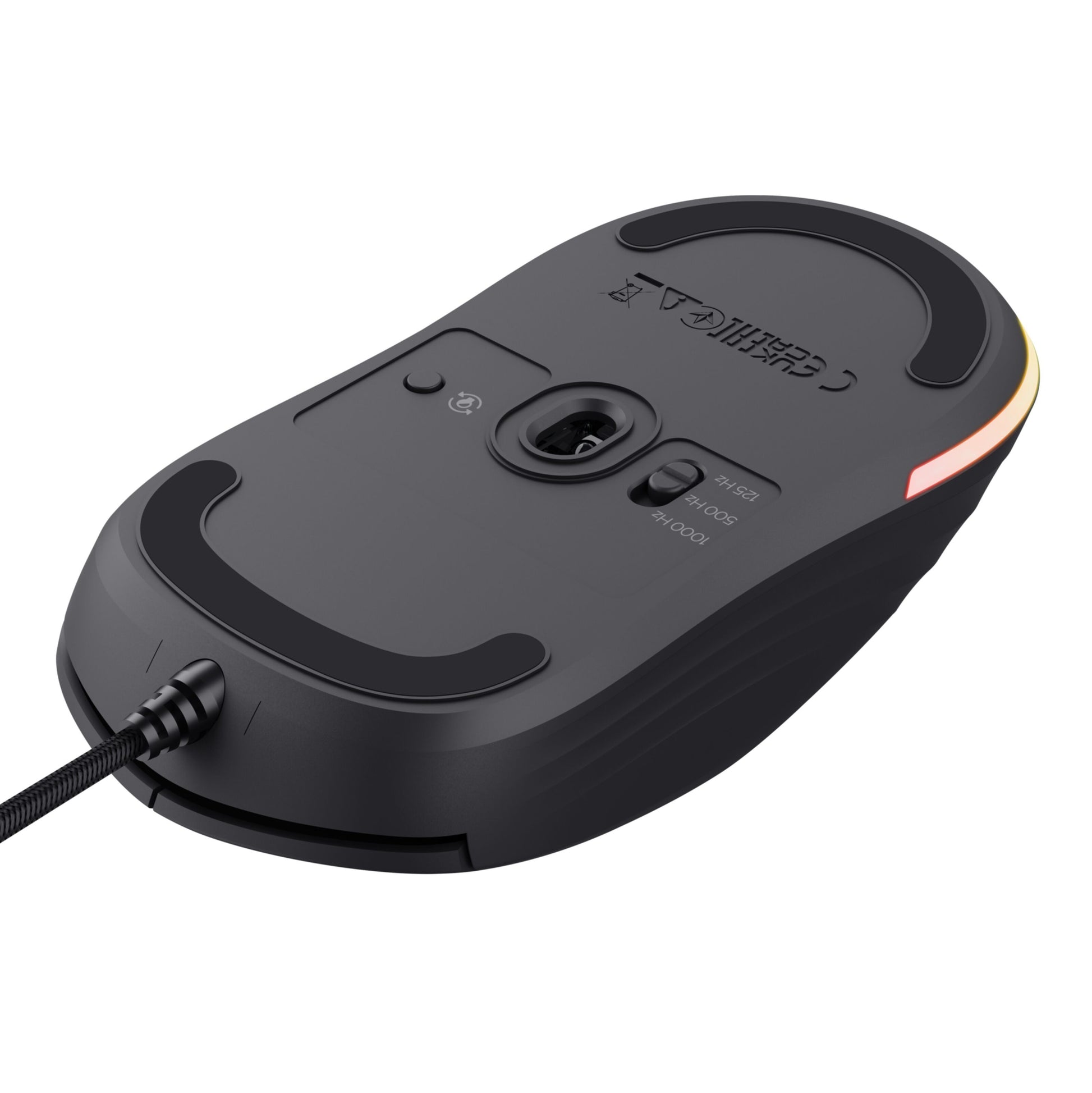 Trust GXT 925 Redex II gamingmus sort med optisk sensor, glidepads, programmerbare knapper og underside-DPI-kontakt.
