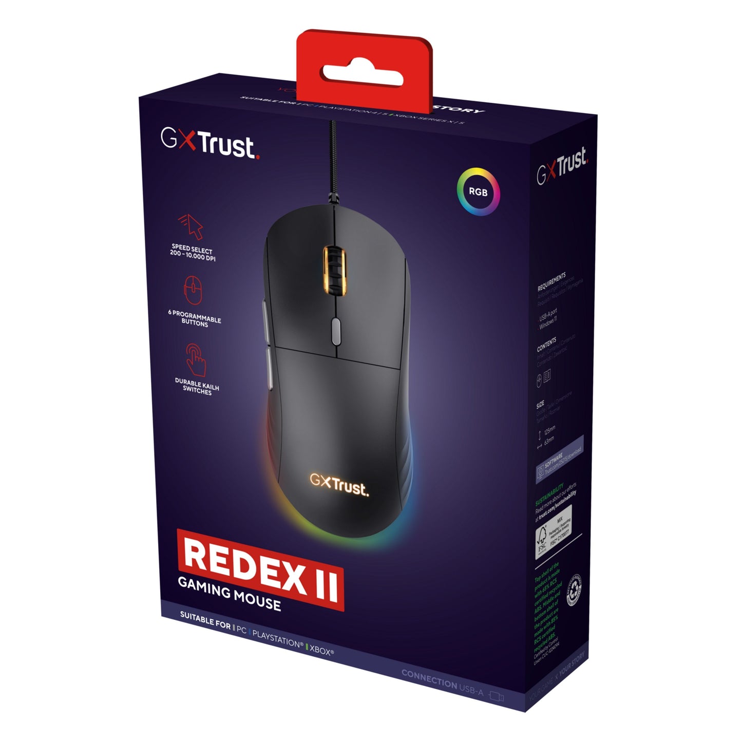 Trust GXT 925 Redex II gamingmus æske med RGB-belysning, programmerbare knapper, speed select, ergonomisk form.