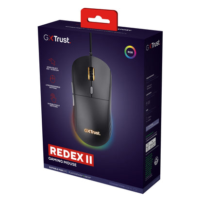 Trust GXT 925 Redex II gamingmus æske med RGB-belysning, programmerbare knapper, speed select, ergonomisk form.