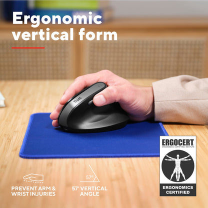 Trust Bayo II ergonomisk trådløs mus 57° vertikal vinkel blå musemåtte tekst om ergonomi og certificering synlig.